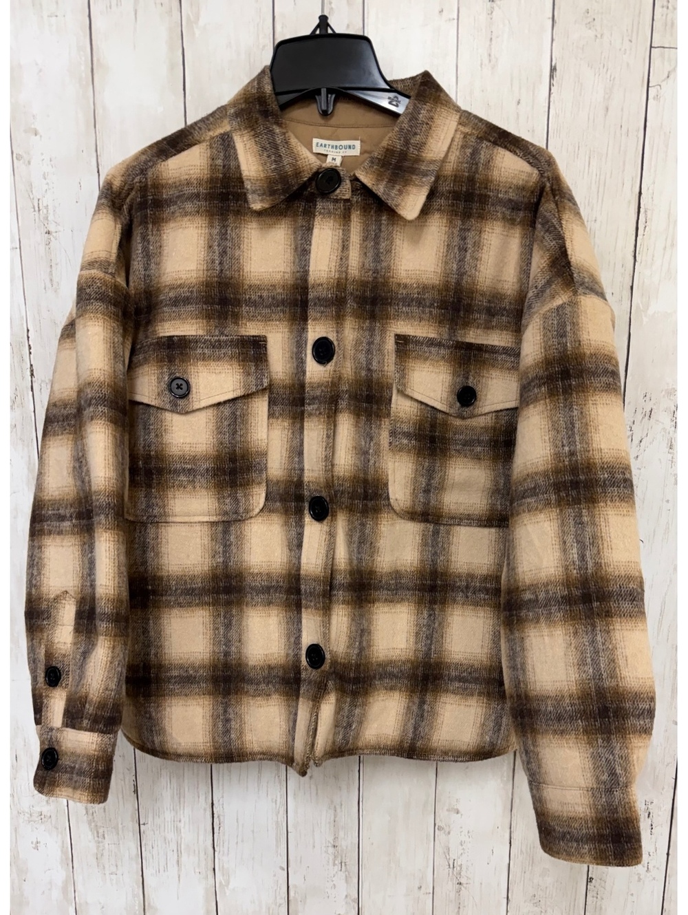 New Earthbound Trading Co. Medium Plaid Wool Blend Tan Jacket NWT